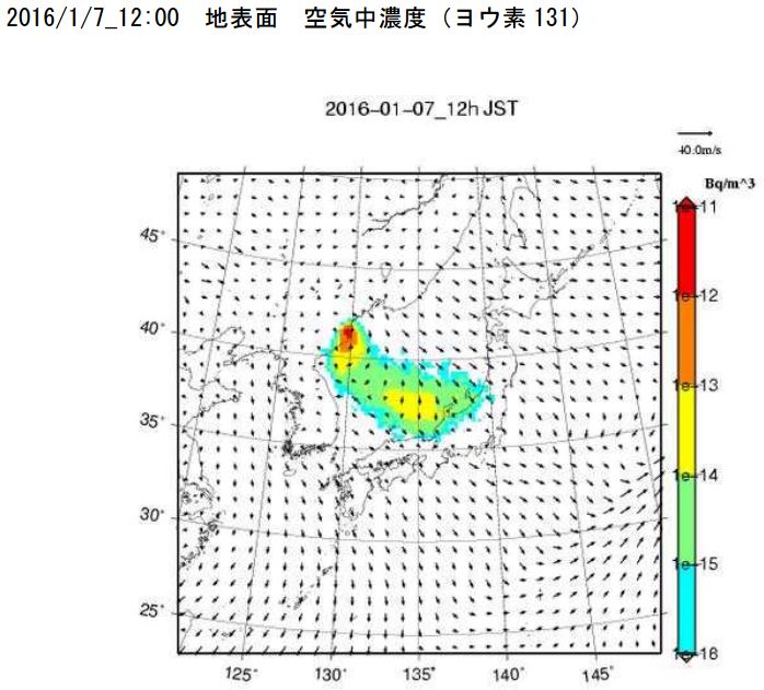 SPEEDIを用いた北朝鮮水爆実験による放射能の日本への拡散予測_2016/1/7-12:00