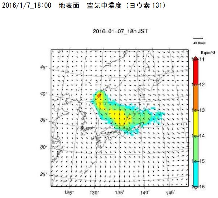 SPEEDIを用いた北朝鮮水爆実験による放射能の日本への拡散予測_2016/1/7-18:00