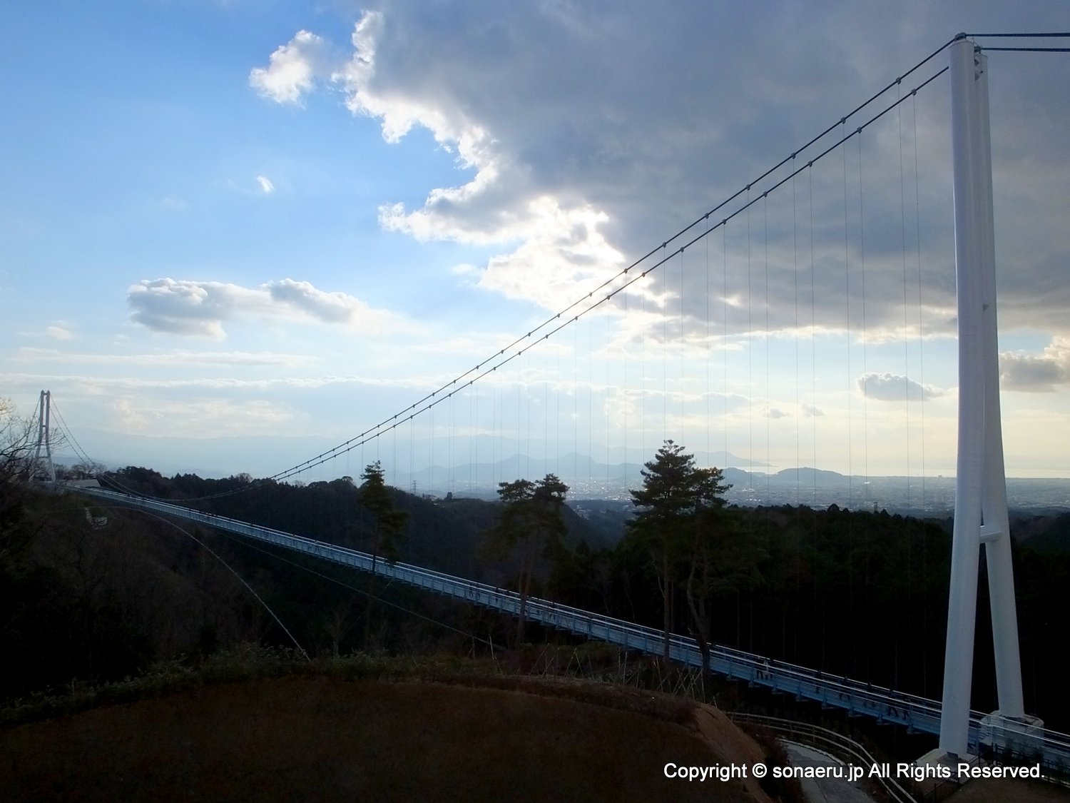 箱根西麓三島大吊り橋・みしまスカイウォークの最長点展望台から見た吊り橋の全景写真