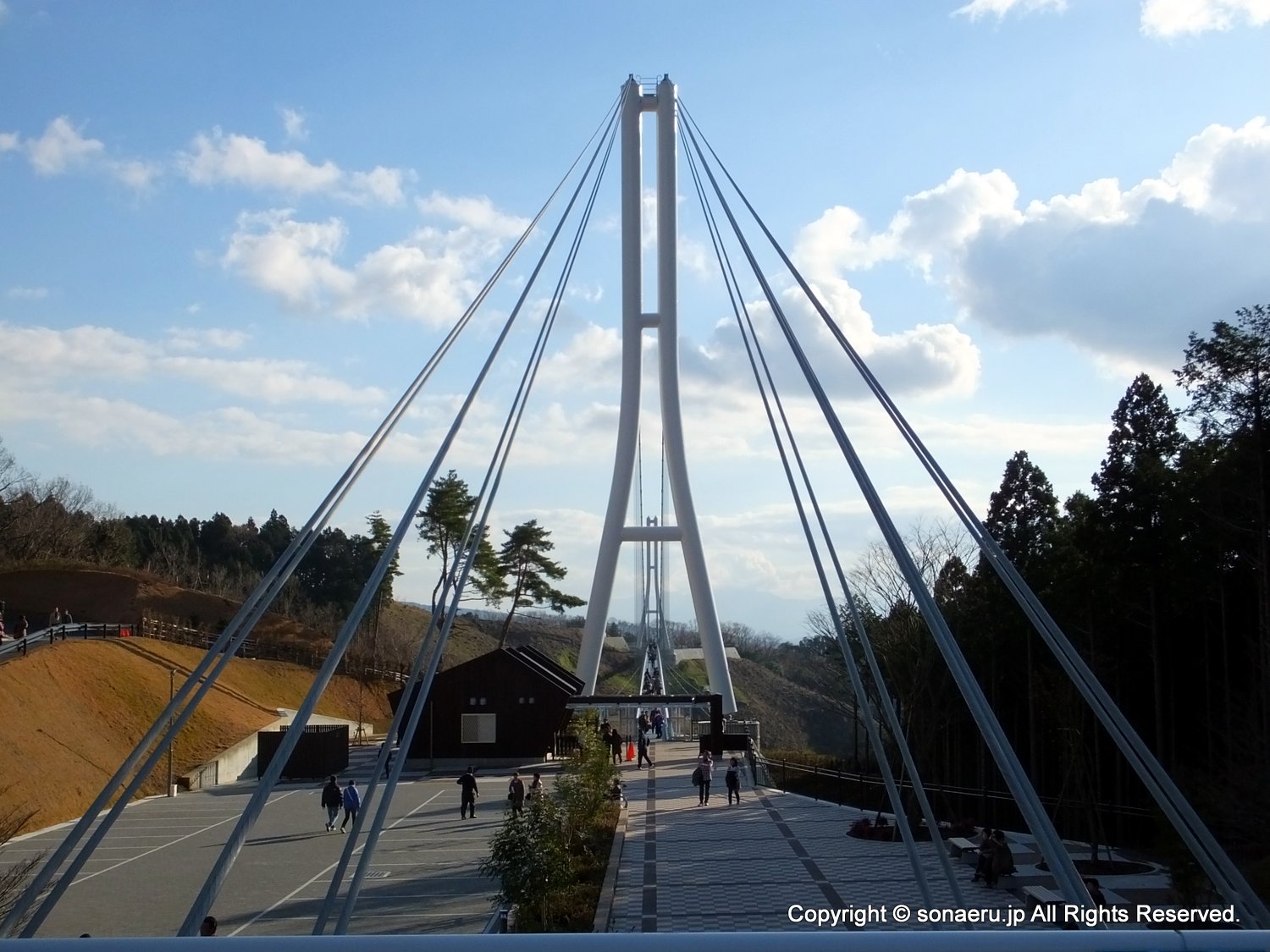 箱根西麓三島大吊り橋・みしまスカイウォークのアンカレイジ展望台から見た吊り橋全景写真