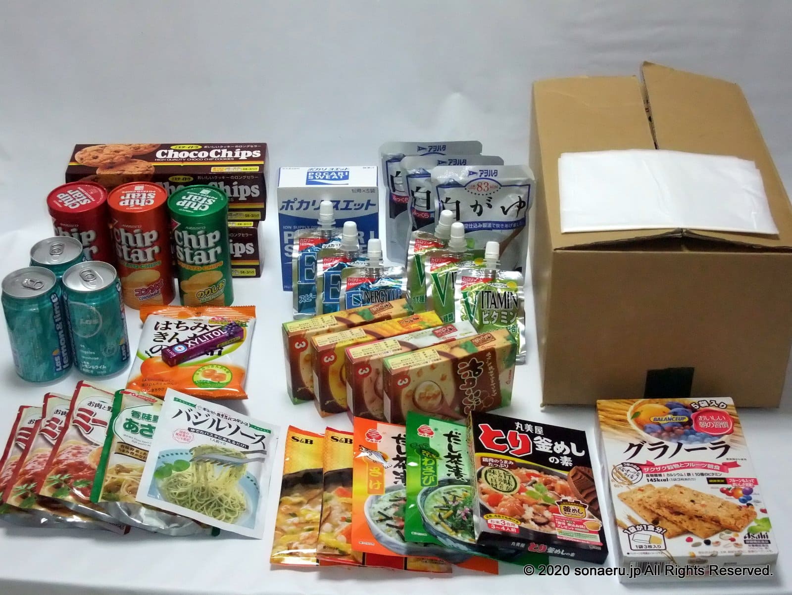 管理しない日常備蓄（ローリングストック）、「宅内仕送り箱・10ヶ月の箱」の中に入れる食品の例